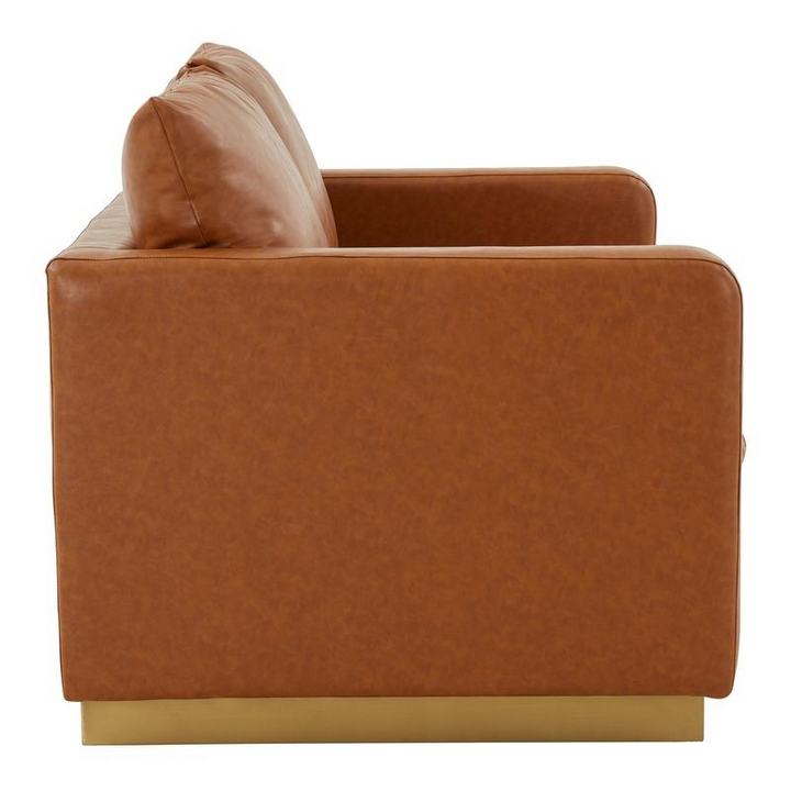 LeisureMod Nervo Modern Mid-Century Upholstered Faux Leather Loveseat with Gold Frame Cognac Tan Side View.