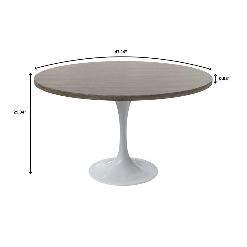 LeisureMod Verve Collection 48 Round Dining Table, White Base with Dark Maple MDF Top Dimensions.