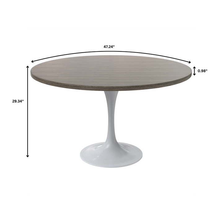 LeisureMod Verve Collection 48 Round Dining Table, White Base with Dark Maple MDF Top Dimensions.