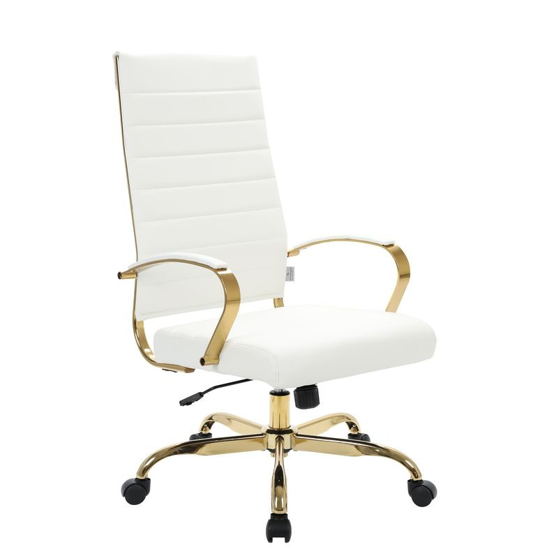 LeisureMod Benmar High-Back Leather Office Chair with Gold Frame White