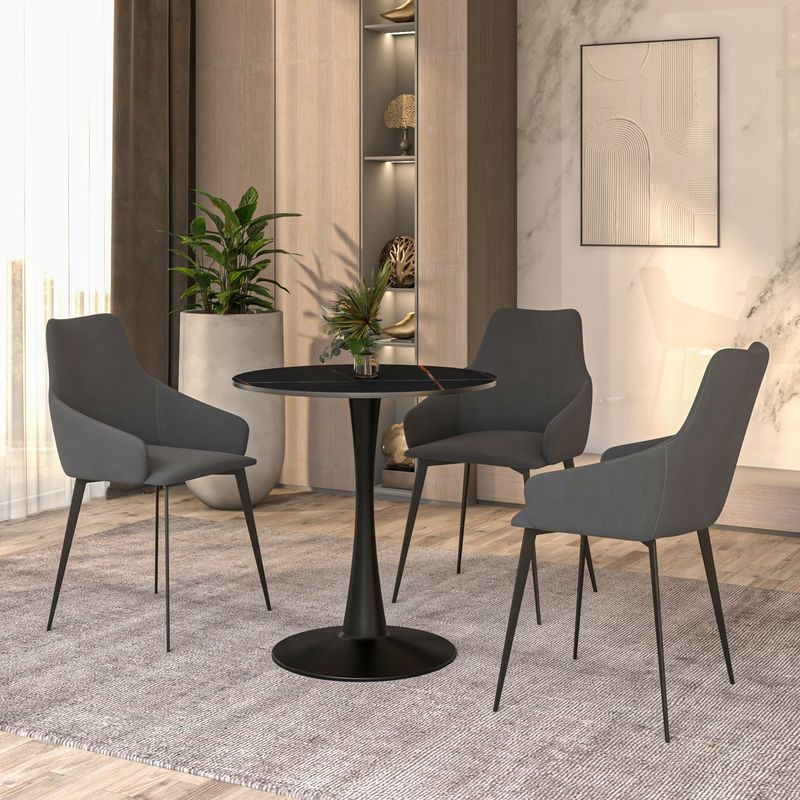 Leisuremod Bristol 27 Round Dining Table Black Base with Black Sintered Stone Top with Chairs.