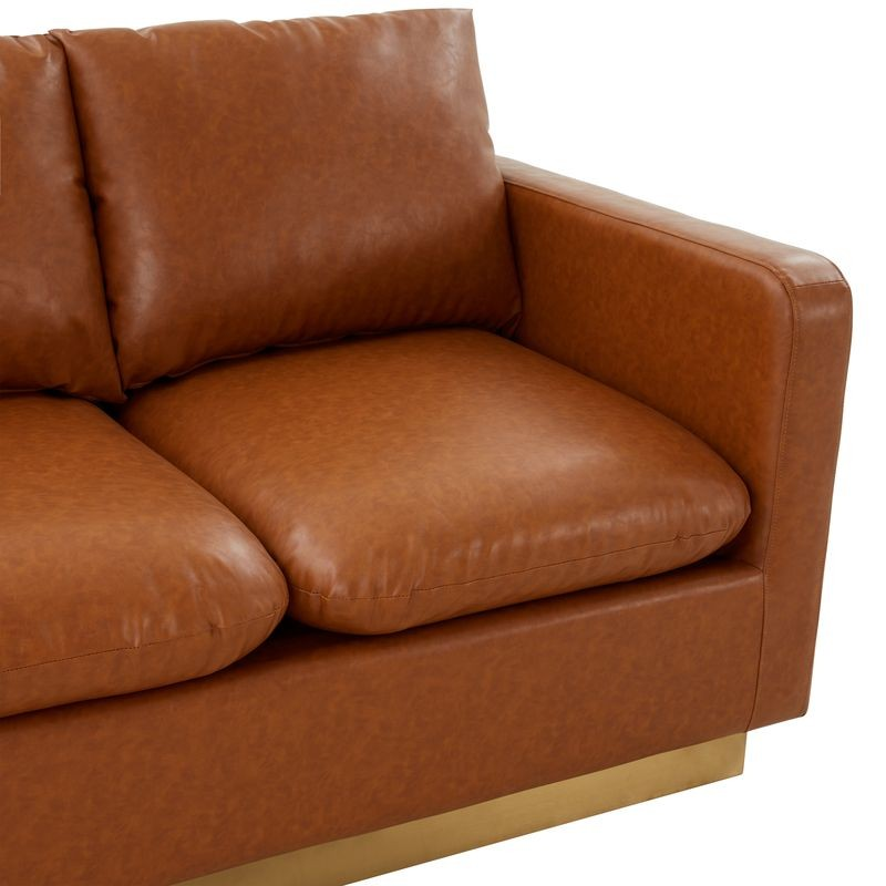 LeisureMod Nervo Modern Mid-Century Upholstered Faux Leather Loveseat with Gold Frame Cognac Tan Closeup.