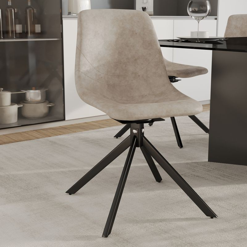 LeisureMod Markley Modern Leather Swivel Dining Chair with Metal Legs in Taupe with Background.