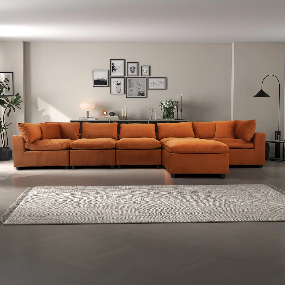 Hayward Burnt Orange Velvet Modular Sectional Sofa Front View.