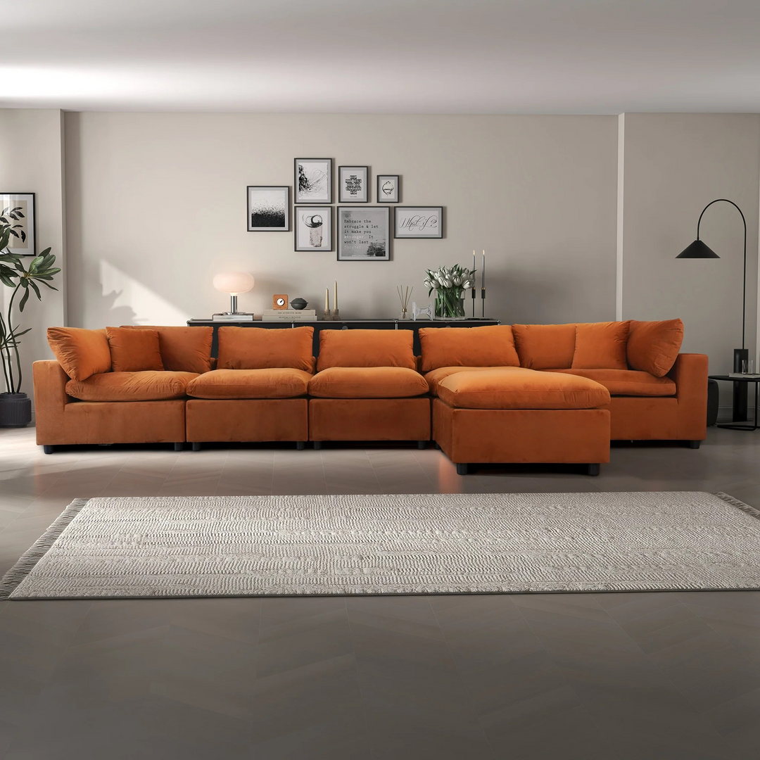 Hayward Burnt Orange Velvet Modular Sectional Sofa Front View.
