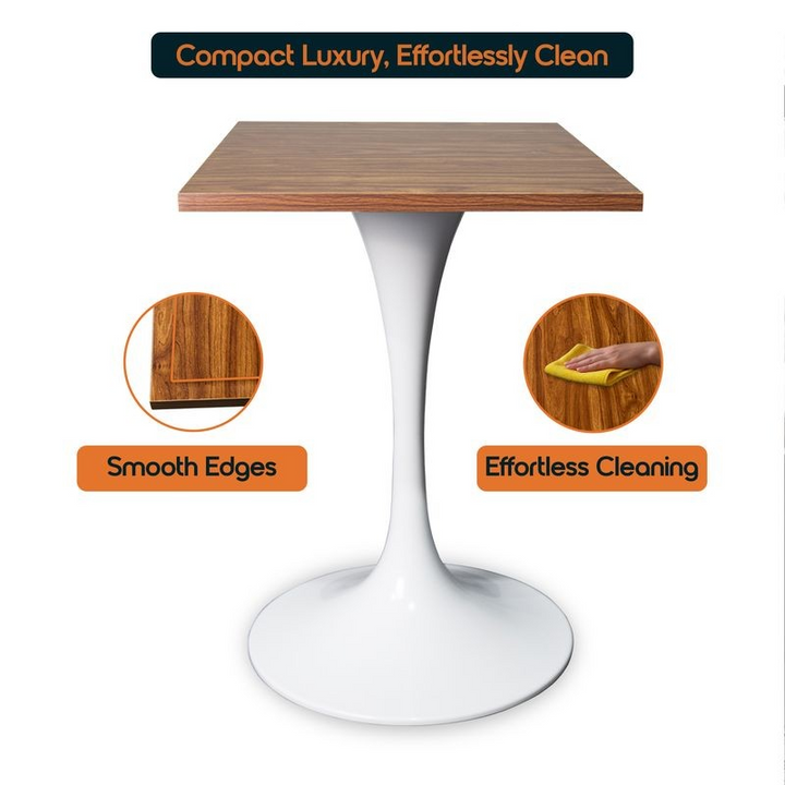 Table with top and white base, featuring text about compact luxury and effortless cleaning.