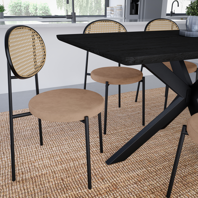 LeisureMod Euston Modern Wicker Dining Chair with Velvet Round Seat Brown. at Table.
