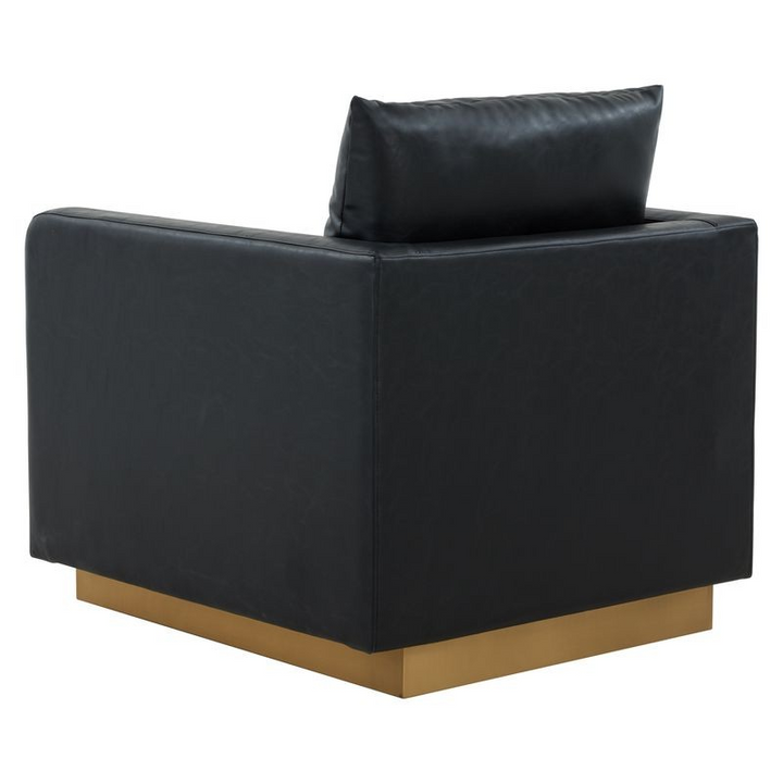 LeisureMod Nervo Faux Leather Accent Armchair with Gold Frame Black Back View.