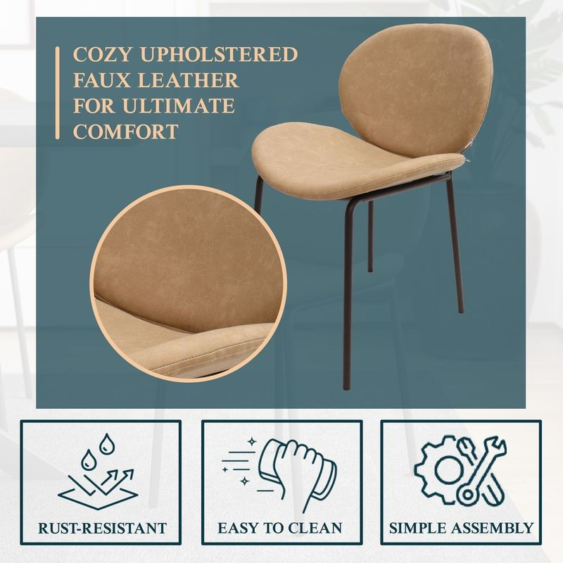 Beige upholstered chair with text about cozy faux leather and product features on a teal background.