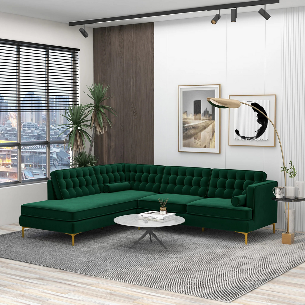 Brooke Green Sectional Sofa Left Facing with Background.