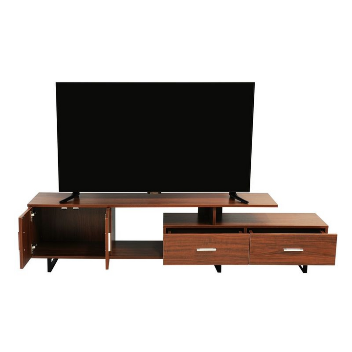 LeisureMod Avery Mid-Century Modern TV Stand with MDF Cabinet and Powder Coated Steel Legs Walnut Opened Drawers.