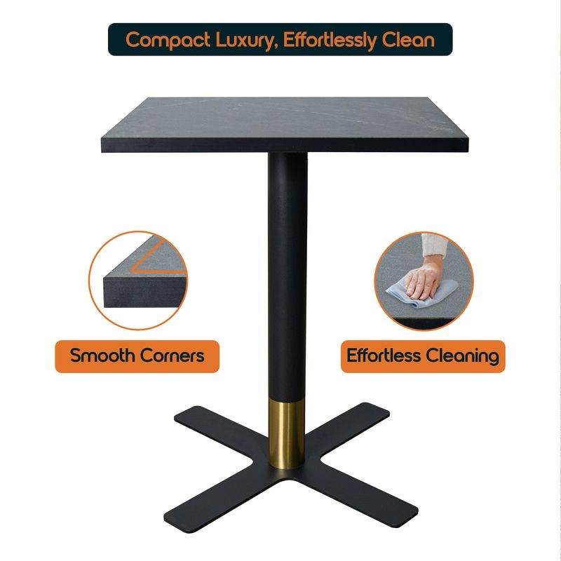 LeisureMod Vail Collection Dining Table Black/Gold X Base With 24" Square Black MDF Top Details.