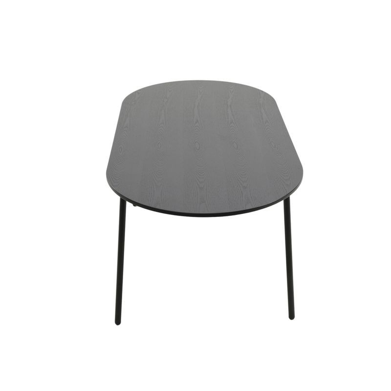 LeisureMod Tule 7-Piece Dining Set in Steel Frame with 6 Upholstered Seat Dining Chairs and 71" Oval Dining Table with MDF Tabletop Black/Platinum Blue Front Chair.