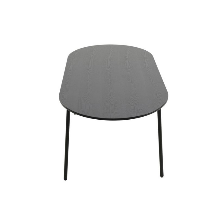 LeisureMod Tule 7-Piece Dining Set in Steel Frame with 6 Upholstered Seat Dining Chairs and 71" Oval Dining Table with MDF Tabletop Black/Platinum Blue Front Chair.