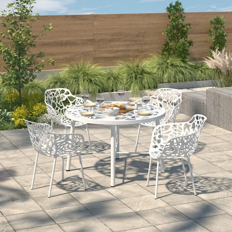 LeisureMod Devon Tree Design Glass Top Aluminum Base Indoor Outdoor Dining Table White with Background.