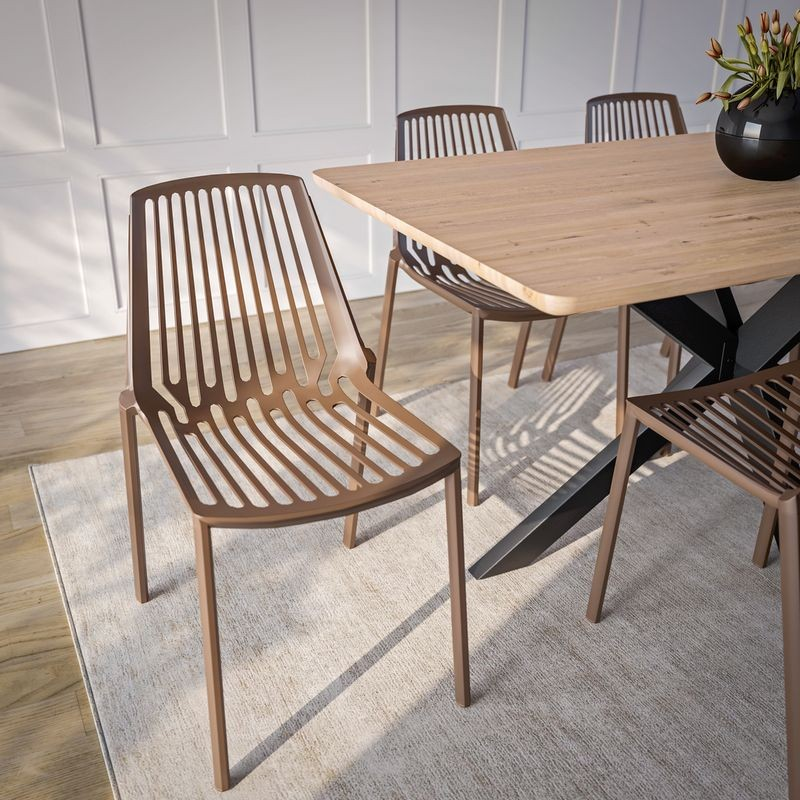LeisureMod Acken Plastic Stackable Dining Chair Taupe in Dining Room.