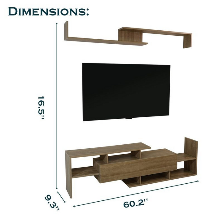 LeisureMod Surrey Modern TV Stand with MDF Shelves and Bookcase in Oak Wood Dimensions.