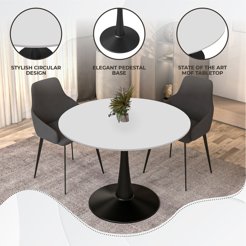 LeisureMod Bristol, 40" Round Dining Table in Black Base with White Top Details.