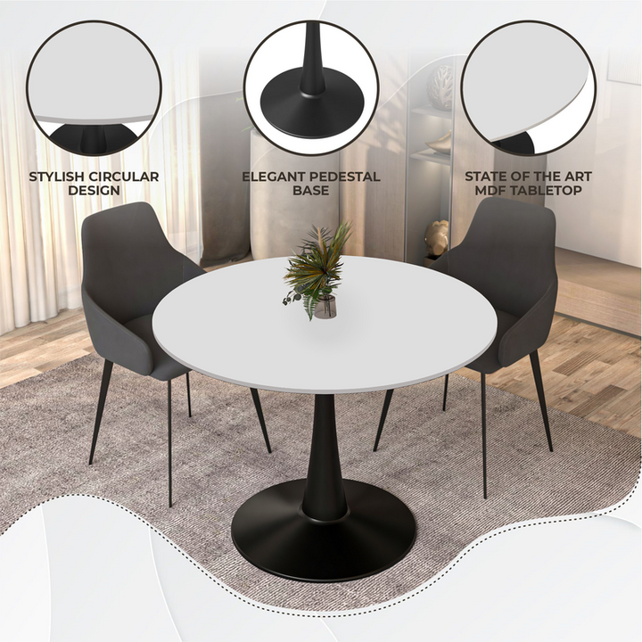 LeisureMod Bristol, 40" Round Dining Table in Black Base with White Top Details.
