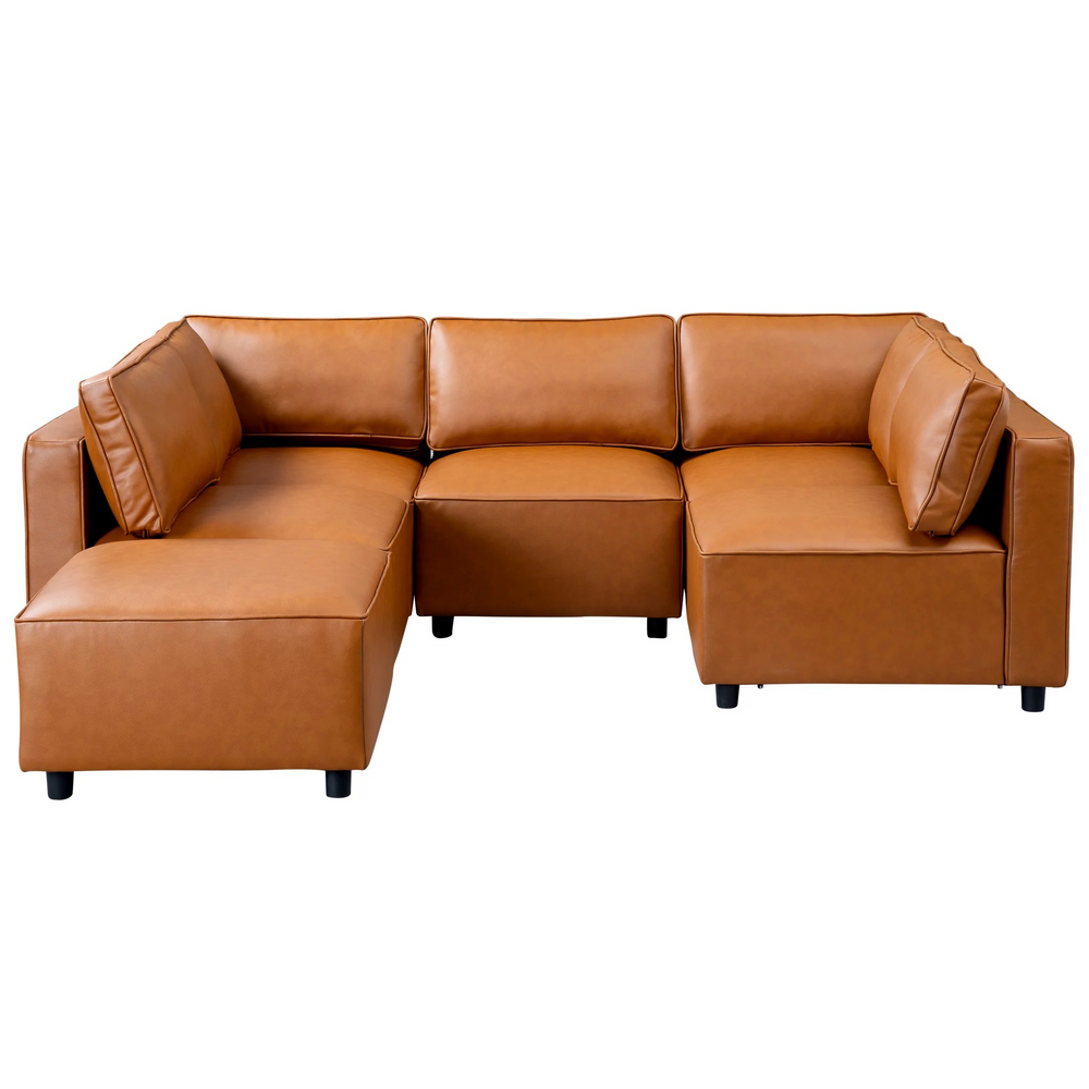 Reno Cognac Vegan Leather Modular Sofa Front View.