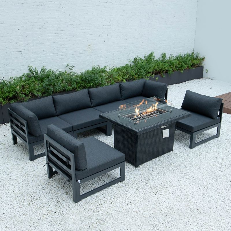 LeisureMod Mace Wicker Patio Modern Propane Fire Pit Table Black on Patio.