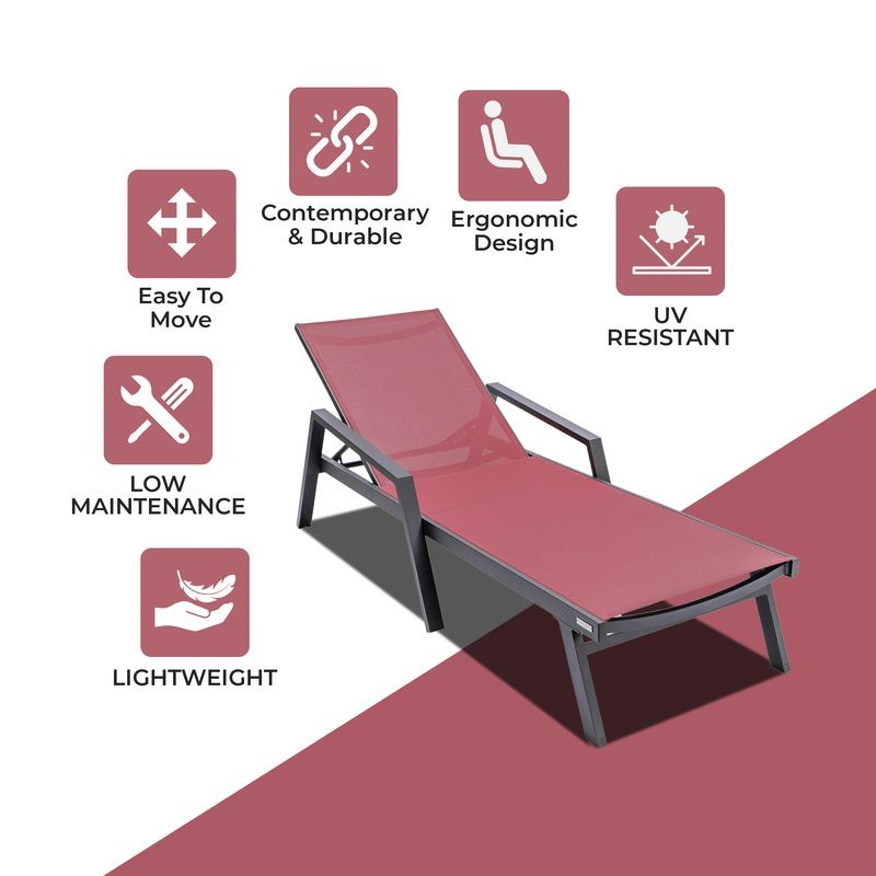 LeisureMod Marlin Patio Chaise Lounge Chair with Armrests in Black Aluminum Frame Burgundy Description.