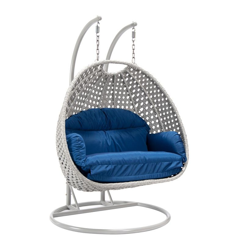 LeisureMod Mendoza Light Grey Wicker Hanging 2 Person Egg Swing Chair Blue