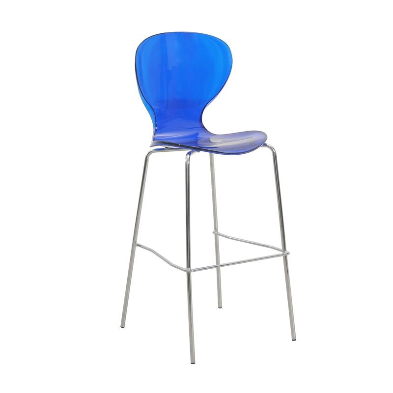 LeisureMod Oyster Acrylic Barstool with Steel Frame in Chrome Finish in Transparent Blue