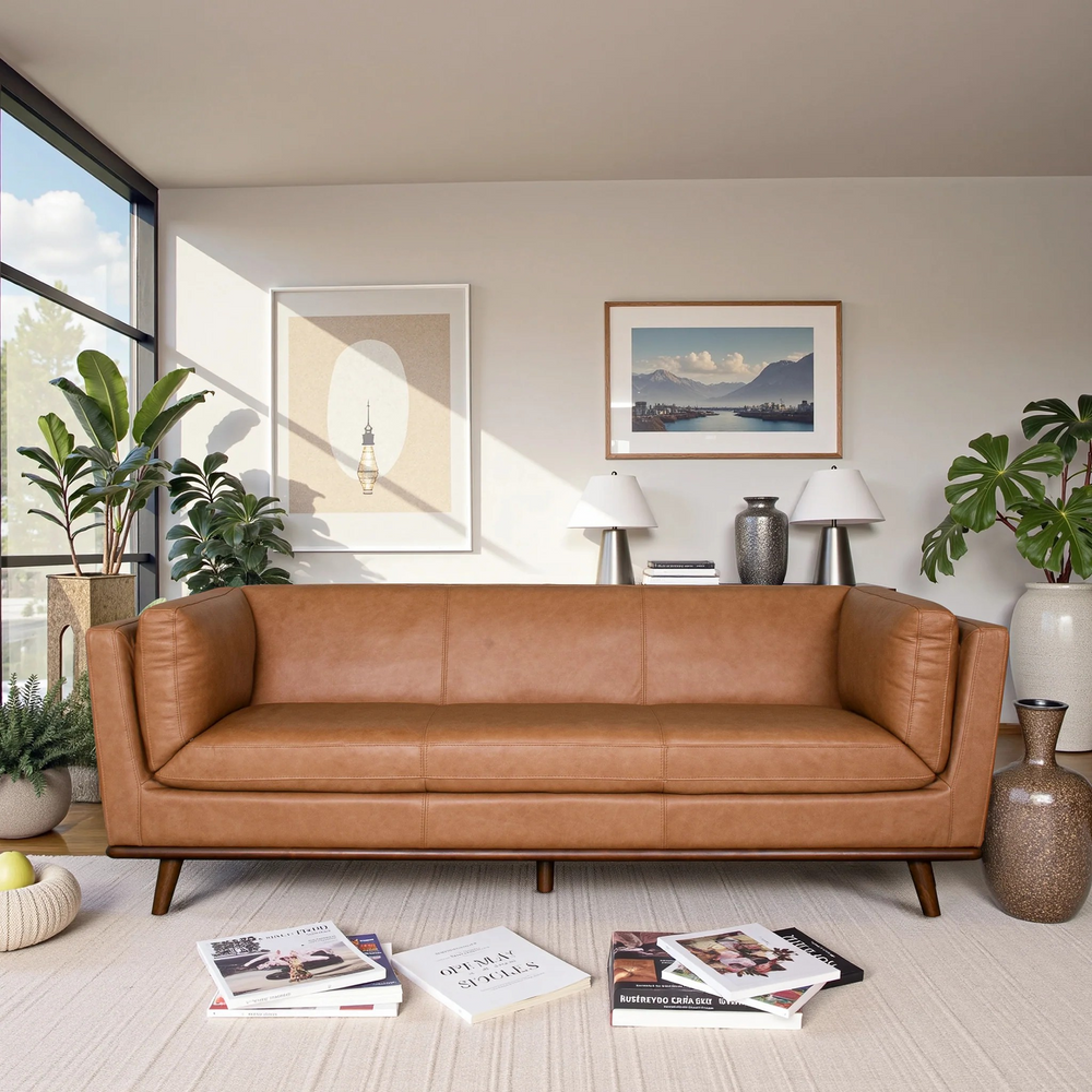 Phoenix Cognac Leather Sofa in Room.