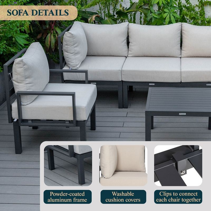 LeisureMod Chelsea 7-Piece Patio Sectional and Coffee Table Set Black Aluminum with Cushions Beige Information.