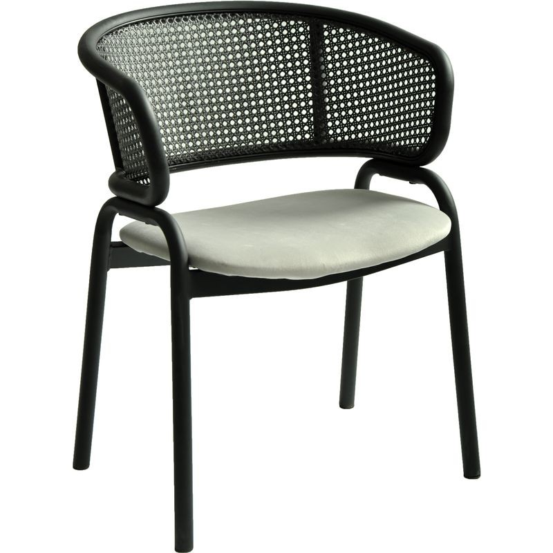 LeisureMod Ervilla Dining Armchair in Black Steel Frame with Black Wicker Back and Grey Seat