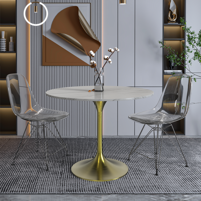 LeisureMod Verve Collection 36 Round Dining Table, Brushed Gold Base with Sintered Stone White Top