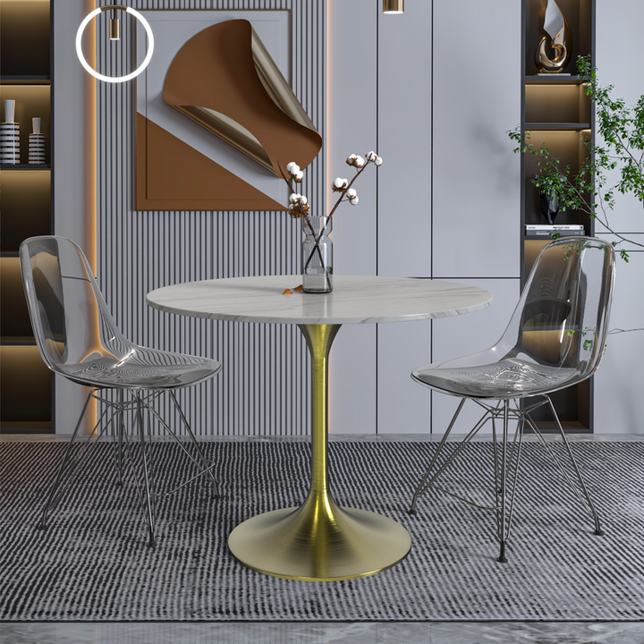 LeisureMod Verve Collection 36 Round Dining Table, Brushed Gold Base with Sintered Stone White Top