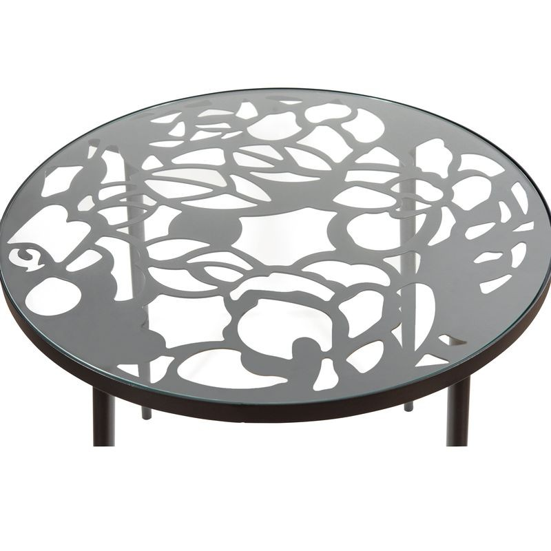 LeisureMod Devon Mid-Century Modern 5-Piece Aluminum Outdoor Patio Dining Set with Tempered Glass Top Table and 4 Stackable Flower Design Chairs Black Tabletop.