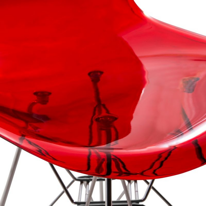 LeisureMod 5-Piece Dining Set 35" Round Dining Table in Black Iron 4 ABS Plastic Side Chair in Chrome Transparent Red Chair Closeup.