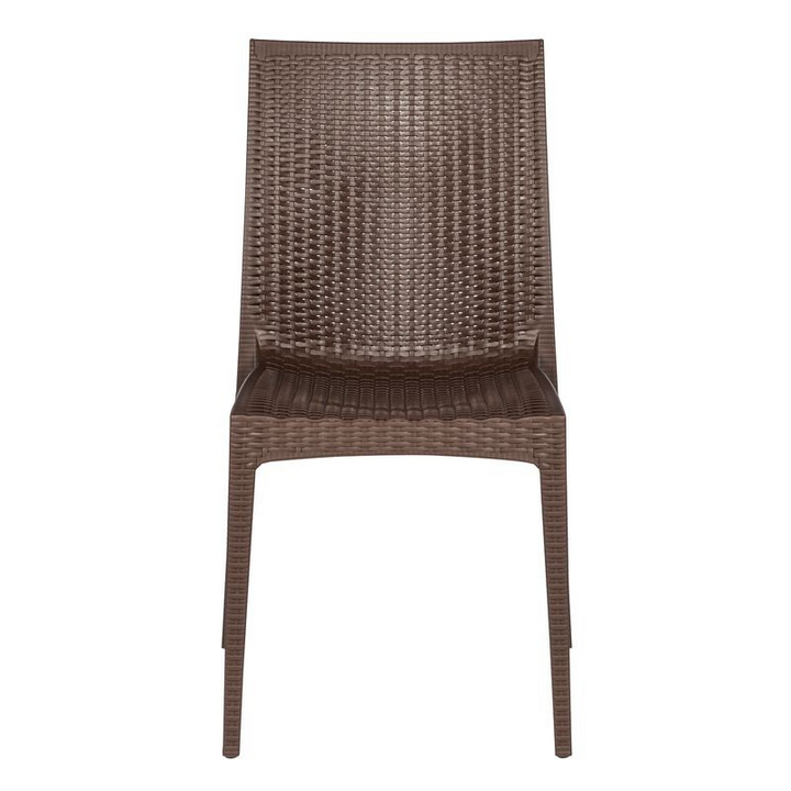LeisureMod Weave Mace Indoor/Outdoor Dining Chair (Armless) Brown Front View.