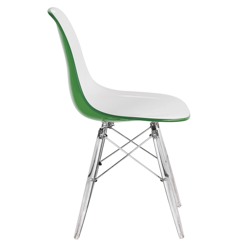 LeisureMod Dover Molded Side Chair with Acrylic Base in White Green Side View.