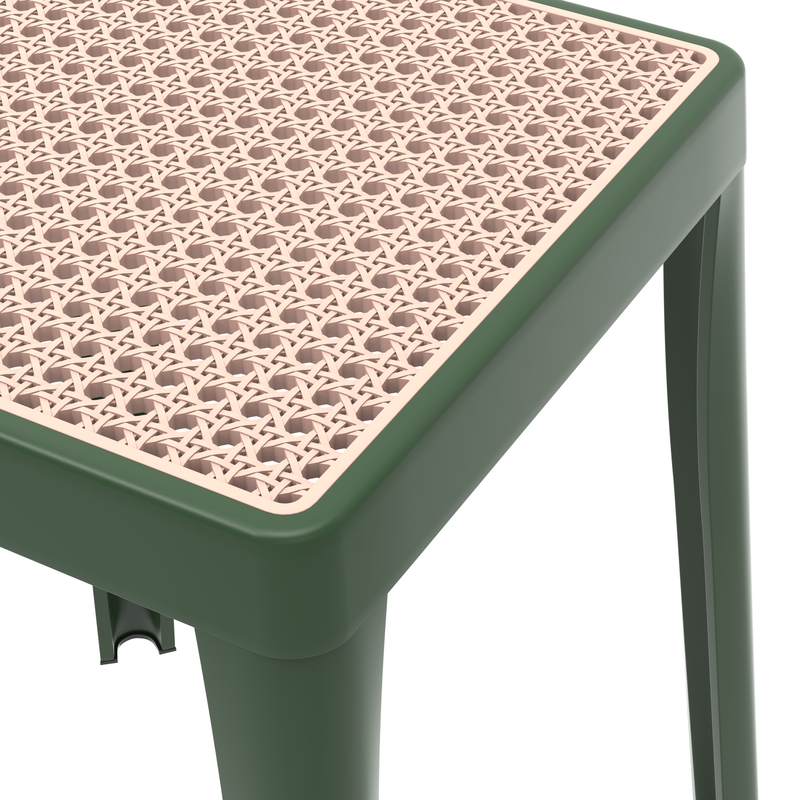 LeisureMod Tresse Series Stackable Poly Stool with Wicker Top 12 in Green Closeup.