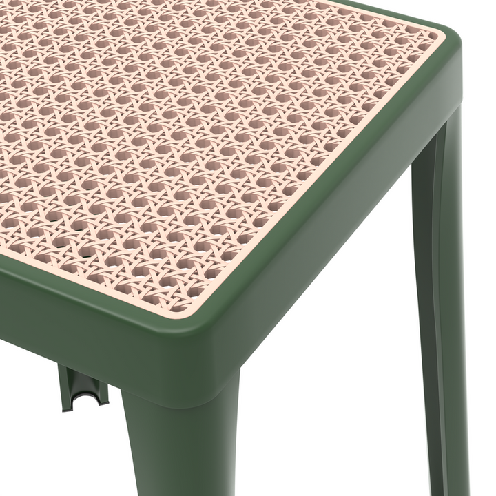LeisureMod Tresse Series Stackable Poly Stool with Wicker Top 12 in Green Closeup.