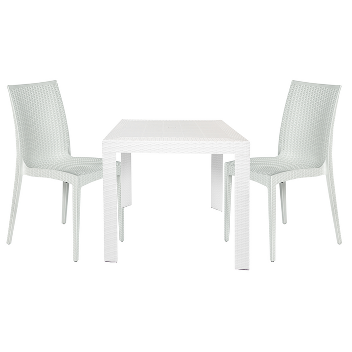 LeisureMod Mace 3-Piece Outdoor Dining Set with Plastic Square Table and 2 Stackable Chairs with Weave Design White