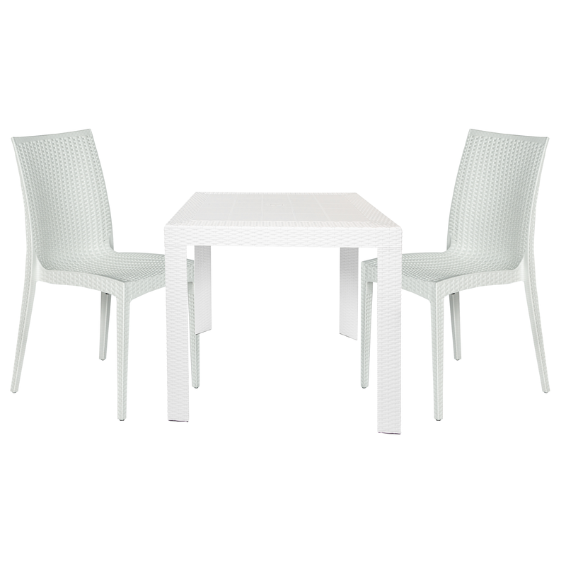 LeisureMod Mace 3-Piece Outdoor Dining Set with Plastic Square Table and 2 Stackable Chairs with Weave Design White