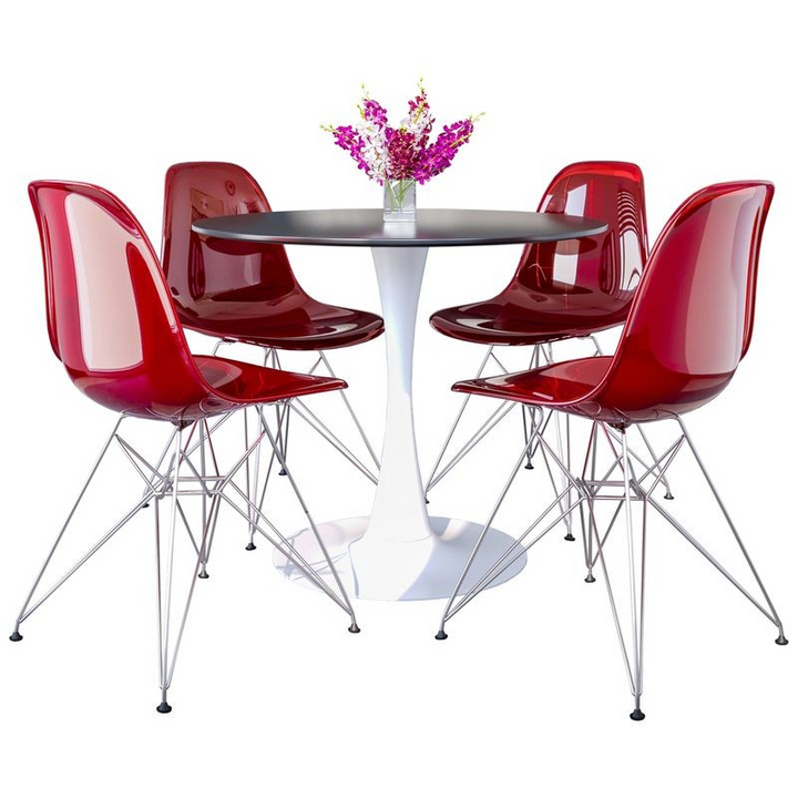 LeisureMod 5-Piece Dining Set 35" Round Dining Table in White Iron 4 ABS Plastic Side Chair in Chrome Transparent Red