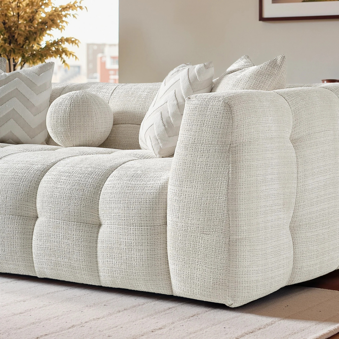 Alana Tufted Ivory Chenille Sofa Closeup.
