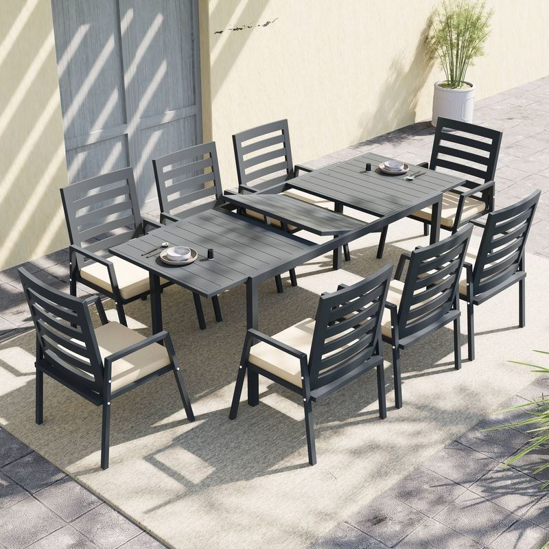 LeisureMod Marlin Extendable outdoor Dining Table 78-118 in Black with Leaf.