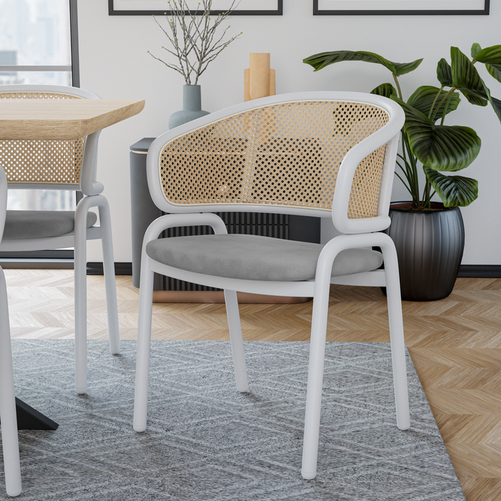 Leisuremod Ervilla Modern Dining Chair with White Powder Coated Steel Legs and Wicker Back Grey