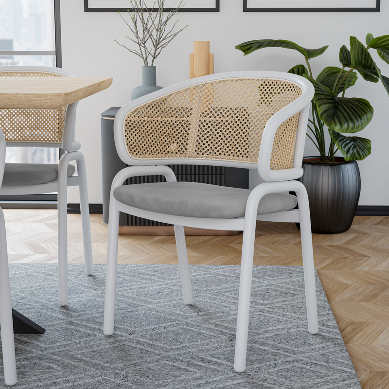 Leisuremod Ervilla Modern Dining Chair with White Powder Coated Steel Legs and Wicker Back Grey