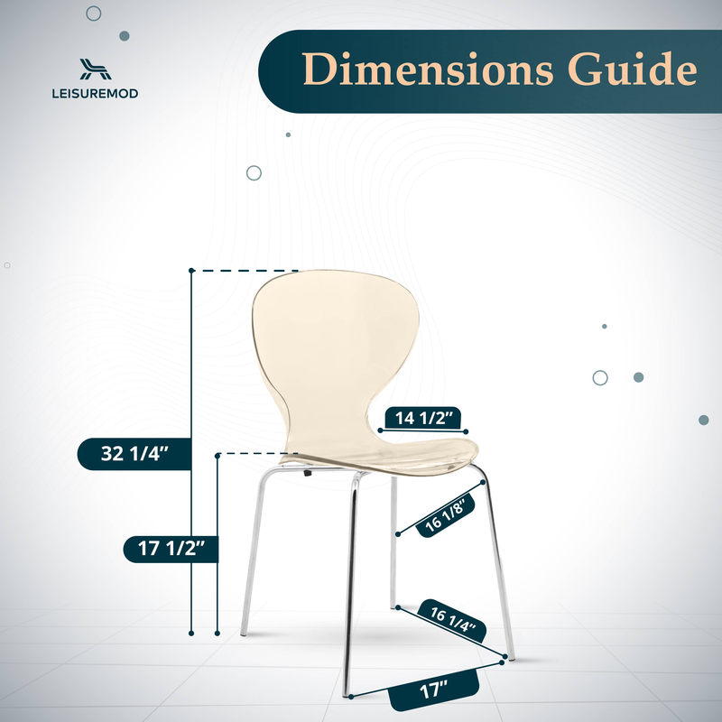 Chair dimensions guide with LeisureMod logo on a white background.