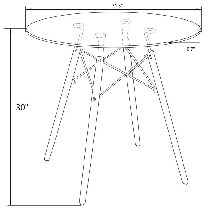 LeisureMod Dover Round Bistro Wood Top Dining Table w/Natural Wood Eiffel Base Dimensions.