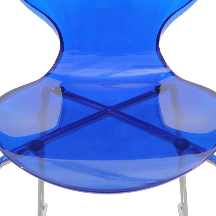 LeisureMod Oyster Acrylic Barstool with Steel Frame in Chrome Finish in Transparent Blue Closeup.