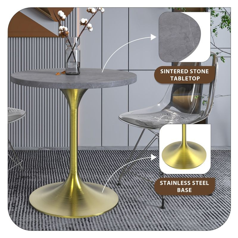LeisureMod Verve Collection 27 Round Dining Table, Brushed Gold Base with Sintered Stone Grey Top Details.